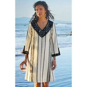 Soft Surroundings Coco de Mer V-Neck Boho Dress Sequin-Embellished Long Sleeve L